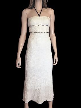 See You Monday Crinkle Knit Maxi Dress Tube Bodycon Halter Cream Black Piping